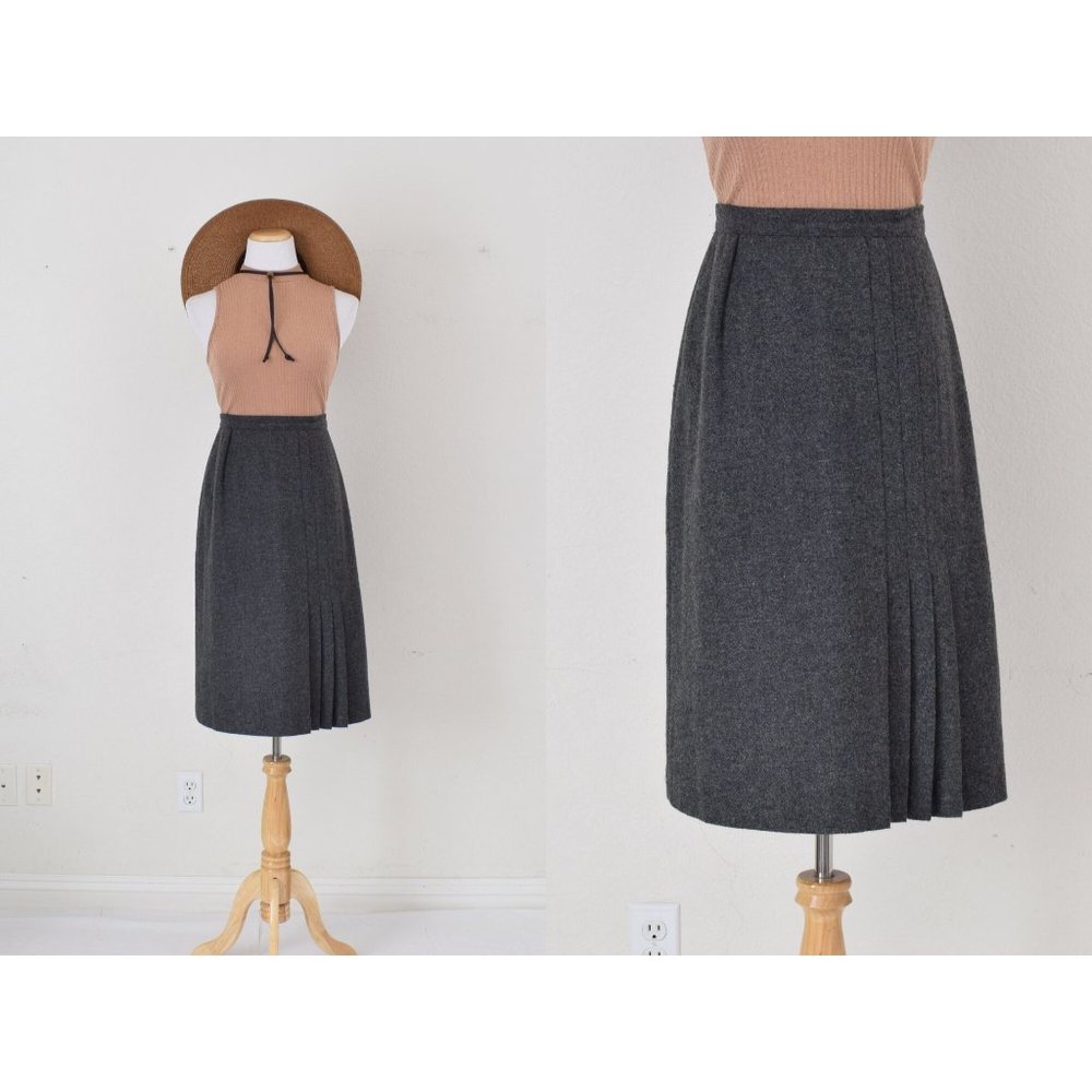 Vintage 80s Charcoal Gray Wool combo Midi‎ Skirt size 8 | 27 waist
